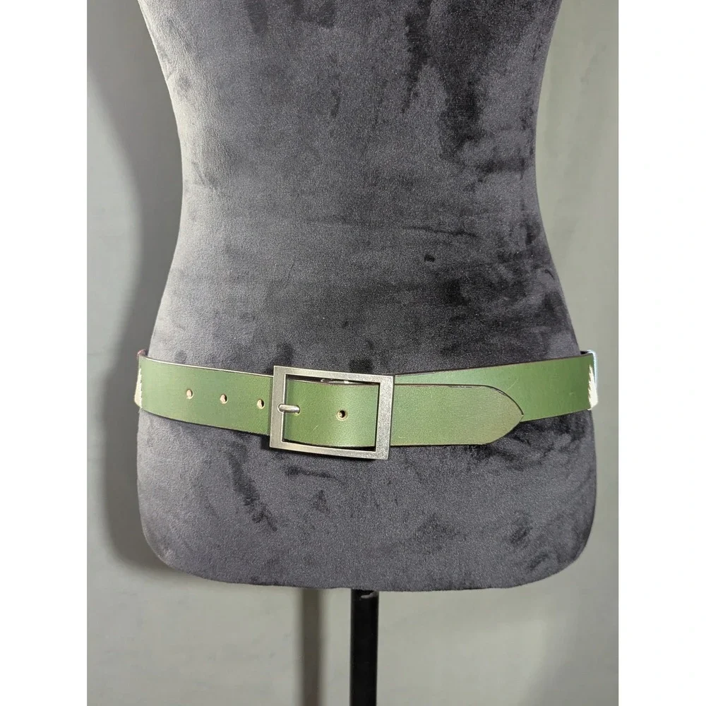 Olive Green Leather Embroidered Geometric Aztec Belt Unisex Size M 34